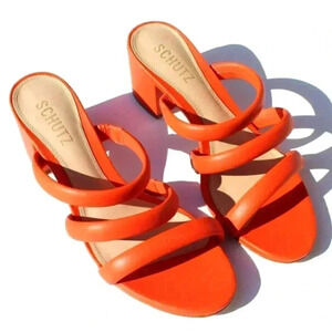 New Schutz Women's Olly Mid Block Nappa Orange Leather Mid Sandal sz 7.5 B